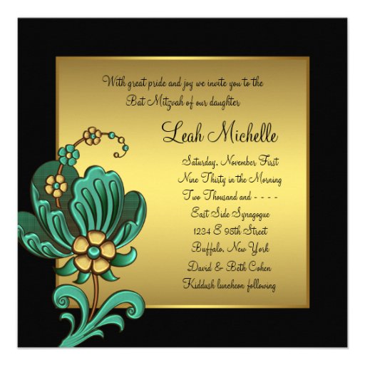 Teal Gold Flowers Black Gold Bat Mitzvah Custom Invite