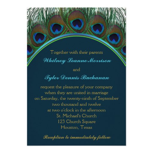 Teal, Gold Peacock Feathers Wedding Invitation