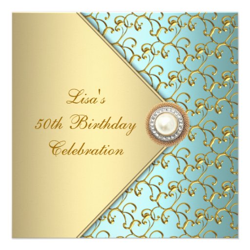 Teal Gold Pearl Womans 50th Birthday Party Personalized Announcement (front side)