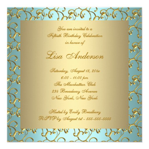 Teal Gold Pearl Womans 50th Birthday Party Personalized Announcement
