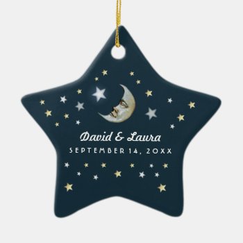 Teal Gold & White Moon & Stars Wedding Custom Double-sided Star Ceramic Christmas Ornament by juliea2010 at Zazzle