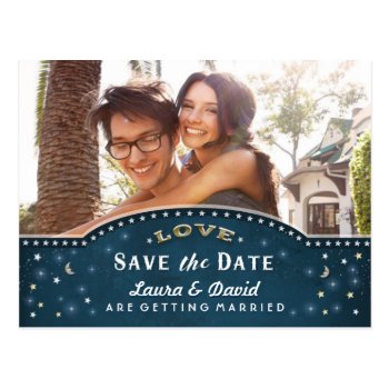 Teal Gold & White Stars Photo Save The Date Postcard by juliea2010 at Zazzle