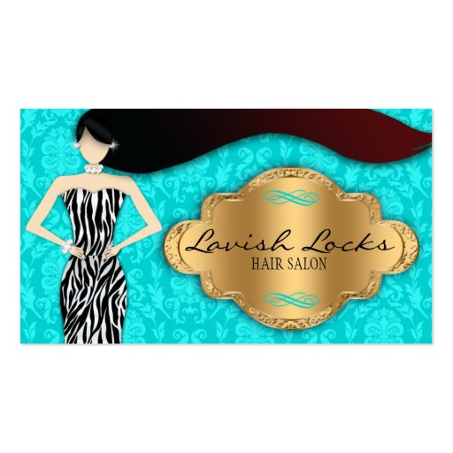 Teal Gold Zebra Damask Hair Stylist Business Card (front side)