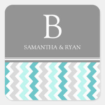 Teal Gray Chevrons Monogram Envelope Seal Square Stickers