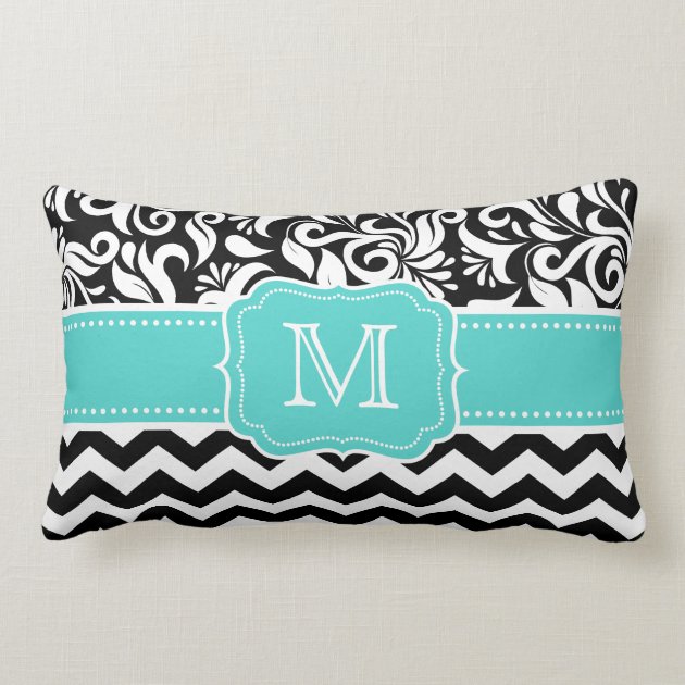 Teal Green Black White Chevron Damask Monogram Throw Pillow