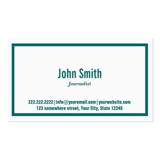 Teal Green Border Journalist Business Card (front side)