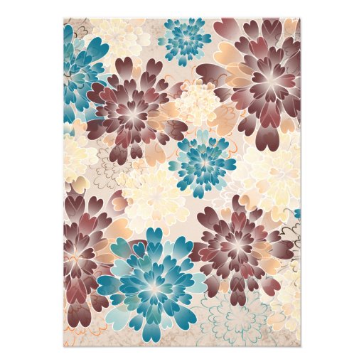Teal Green, Brown & Ivory Flowers Retro Wedding S3 Personalized Announcement