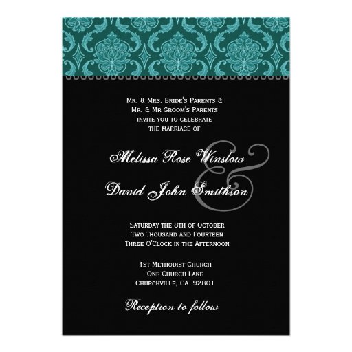 Teal Green Damask and Black Wedding Ver2 Announcements