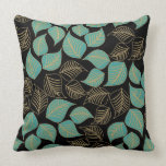 Teal green gold broad leaves pattern on black pillows