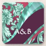 Teal green & magenta damask coasters