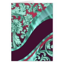 Teal green & magenta damask greeting cards