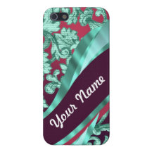 Teal green & magenta damask iPhone 5 cases