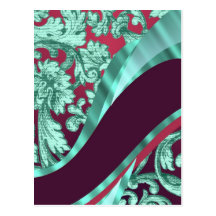 Teal green & magenta damask postcard