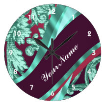 Teal green & magenta damask wallclocks