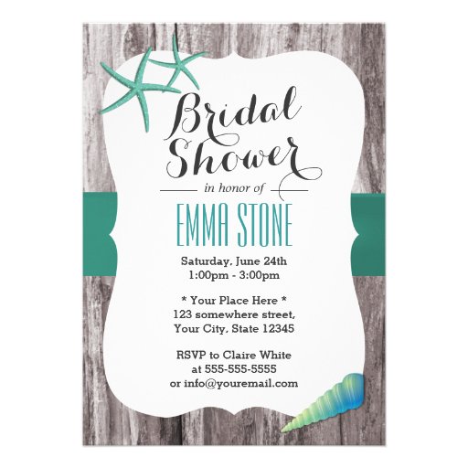 Teal Green Seashell & Starfish Beach Bridal Shower Cards (front side)