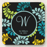 Teal Green Yellow Flowers Monogram Coaster