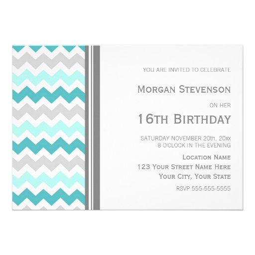 Teal Grey Chevron 16th Birthday Party Invitation