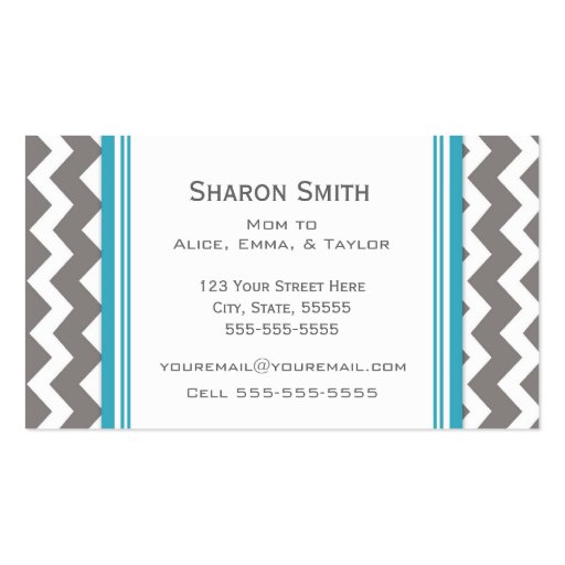 Teal Grey Chevron Retro Mom Calling Cards Business Card (back side)