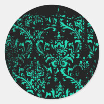 Teal Grunge Damask Round Sticker
