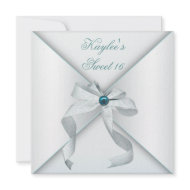 Teal Jewel Bow Pretty White Sweet Sixteen Party invitation