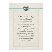 Teal Jewel Heart Ribbons & Lace Post Wedding Personalized Invitation