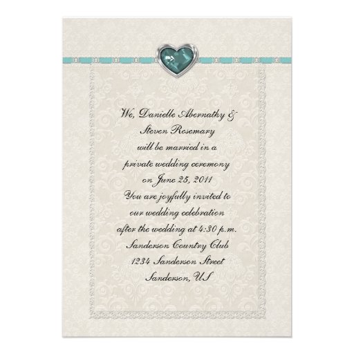 Teal Jewel Heart Ribbons & Lace Post Wedding Personalized Invitation