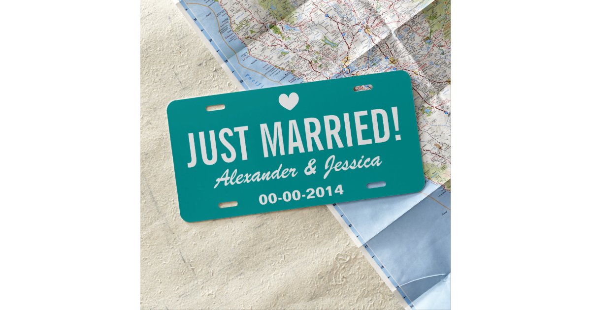 Teal Just married license plate for wedding car Zazzle