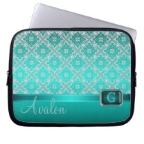 Teal Lace Faux Jeweled Monogram Laptop Sleeve
