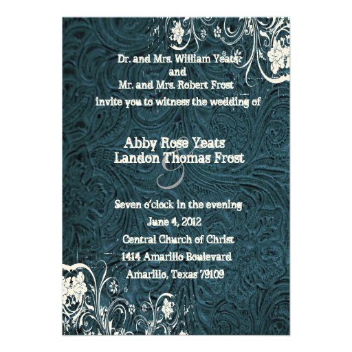 Teal Leather and White Lace Wedding Invitation