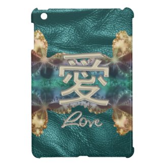 Teal Leather Ivory and Gold Chinese Love Symbol