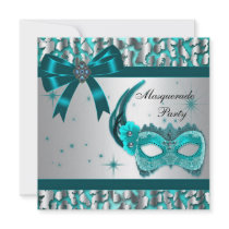 Teal Leopard Mask Masquerade Party Personalized Invites