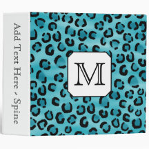 Teal Leopard Print, Custom Monogram. 3 Ring Binder