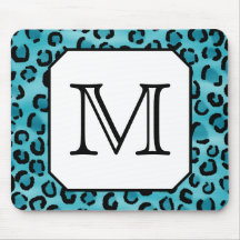 Teal Leopard Print, Custom Monogram. Mousepads