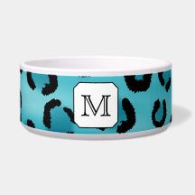 Teal Leopard Print, Custom Monogram. Pet Food Bowls