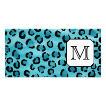 Teal Leopard Print, Custom Monogram. Picture Card