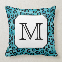 Teal Leopard Print, Custom Monogram. Throw Pillow