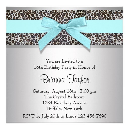 Teal Leopard Sweet 16 Birthday Party Custom Invites