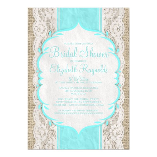 Teal Linen Burlap & Lace Bridal Shower Invitations