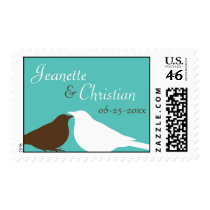 Teal love birds pair custom name wedding postage stamps