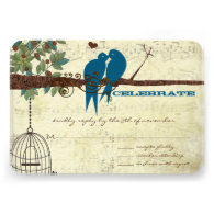 Teal Love Birds Sitting In a Tree Wedding RSVP Announcement
