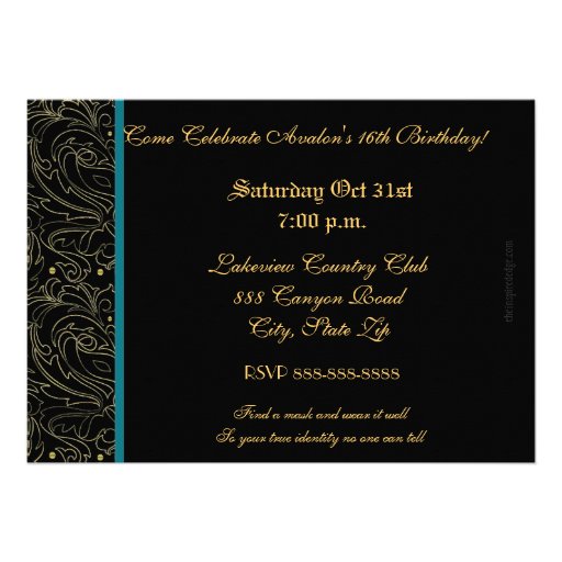 Teal Mask Masquerade Sweet 16 Party Invitation