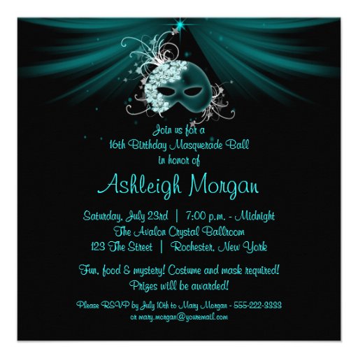 Teal Masks Sweet 16 Masquerade Party Announcement