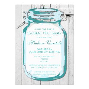 Teal Mason Jar Barn Wood Bridal Shower Invitations Custom Invites