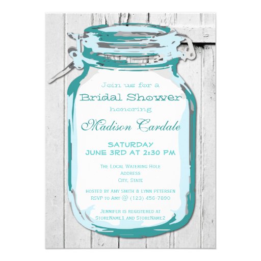 Teal Mason Jar Barn Wood Bridal Shower Invitations