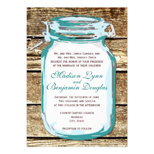 Teal Mason Jar Rustic Barn Wood Wedding Invitation Personalized Invite