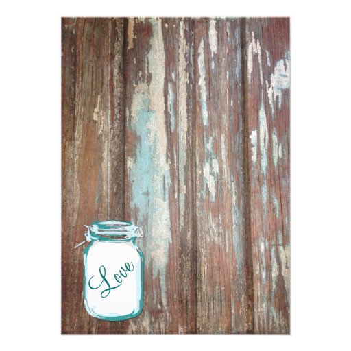 Teal Mason Jar Rustic Barn Wood Wedding Invitation