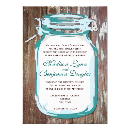 Teal Mason Jar Rustic Barn Wood Wedding Invitation