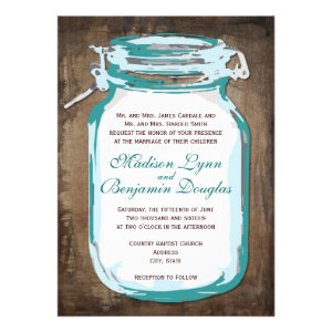 Teal Mason Jar Rustic Country Wedding Invitations Announcement