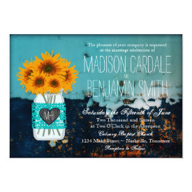 Teal Mason Jar Sunflowers Rustic Wedding Invites