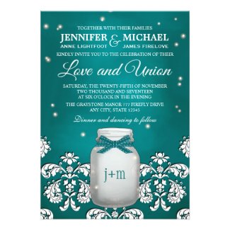 Teal Mason Jar with Fireflies Wedding Personalized Invites